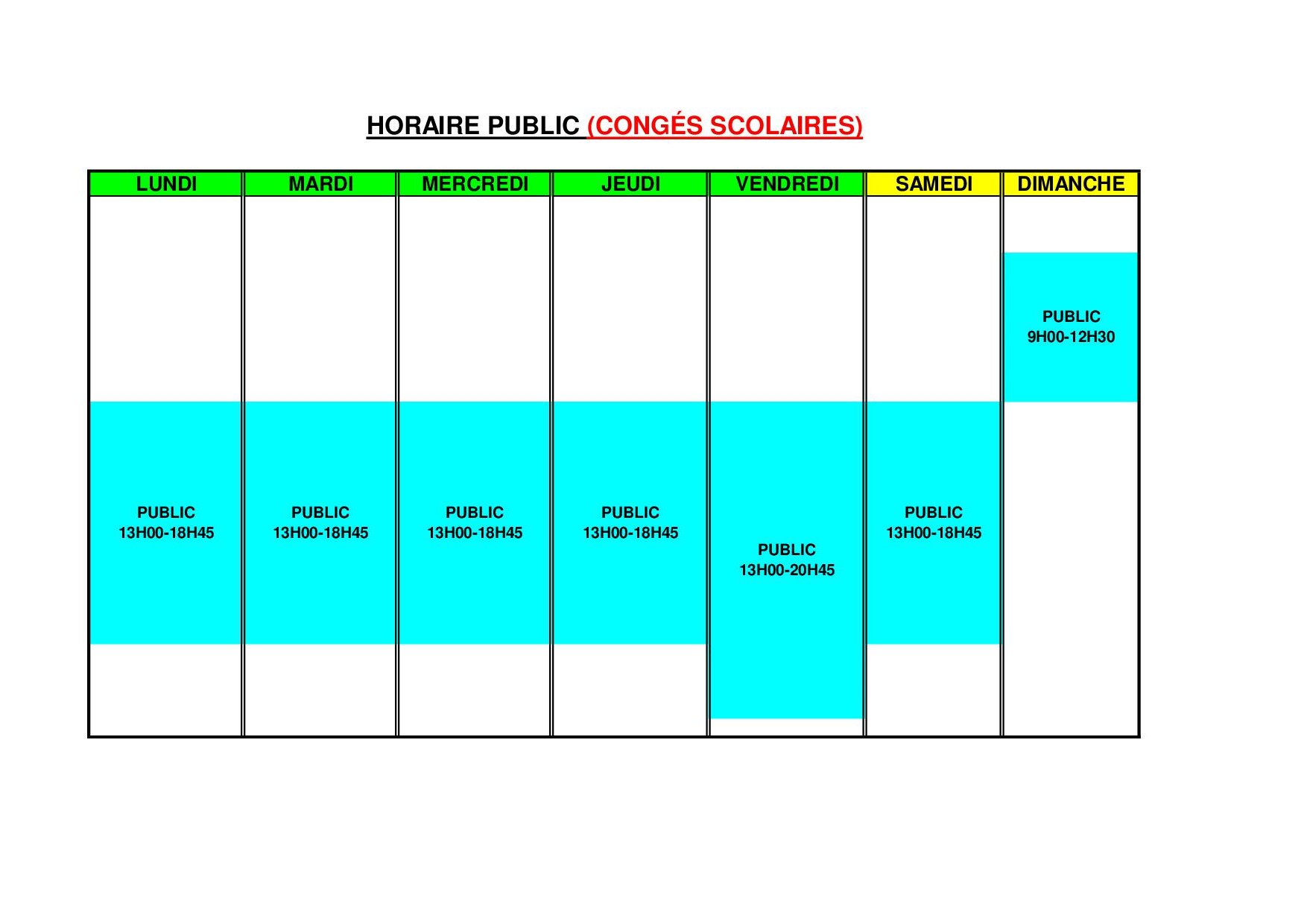 Horaire PISCINE Congés scolaires