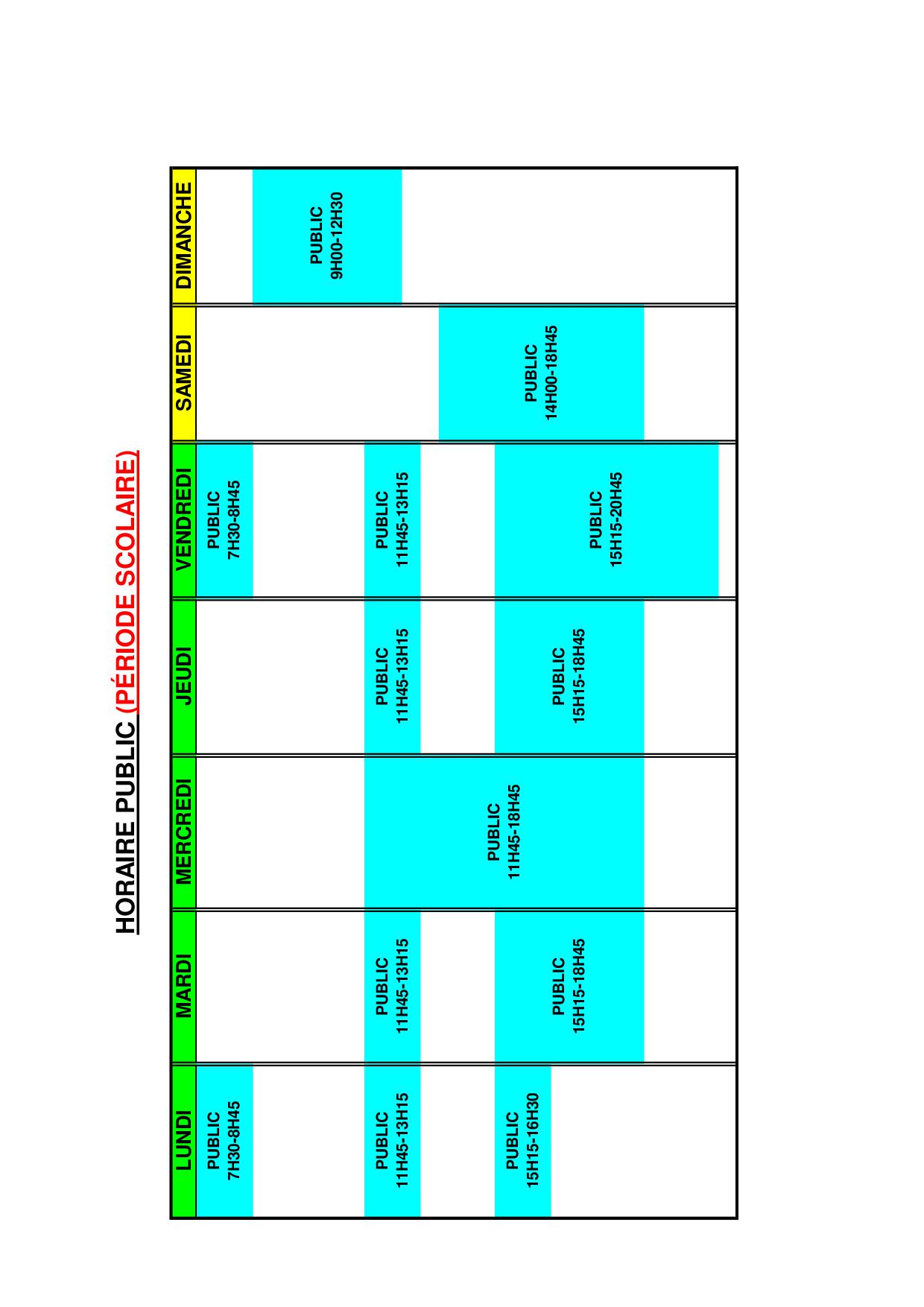 Horaire PISCINE Période scolaire